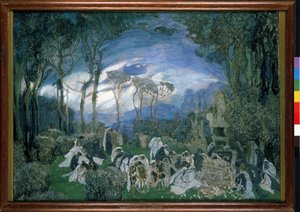 ديكور تحضيري لأوبرا Orphee et Eurydice لكريستوف ويليبالد غلوك (1714-1787) (تصميم مسرحي لأوبرا أورفيو ويوريديس من تأليف تش. غلوك). عمل الكسندر ياكوفليفيتش جولوفين (الكسندر جولوفين) (1863-1930) ، الغواش والباستيل على قماش بواسطة ألكسندر ياكوفليفيتش جولوفين