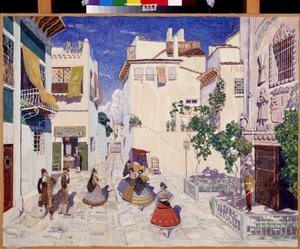 Une rue a Seville (إسبانيا) ، ديكور لأوبرا Carmen لجورج بيزيه (1838-1875) (شارع في إشبيلية ، تصميم مسرحي لأوبرا كارمن لجي بيزيت). عمل ألكسندر ياكوفليفيتش جولوفين (ألكسندر جولوفين) (1863-1930) ، تمبرا على ورق