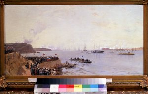 وصول الإمبراطور ألكسندر الثالث ملك روسيا (1845-1894) إلى سيباستوبول (وصول الإمبراطور ألكسندر الثالث إلى سيفاستوبول). لوحة ألكسندر كارلوفيتش بيجروف (1841-1914). زيت على قماش ، ٤٠ × ٨٥ سم