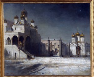 ساحة الكاتدرائية في الكرملين بموسكو ليلاً. (ساحة الكاتدرائية في الكرملين بموسكو ليلاً). لوحة أليكسي كوندراتيفيتش سافراسوف (سافراسوف) (1830-1897) ، زيت على قماش بواسطة أليكسي كوندراتيفيتش سافراسوف