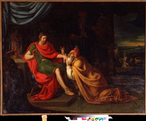 بريام وأخيل. مشهد مع شخصيات من حرب طروادة. اللوحة التي رسمها أليساندرو فاروتاري المعروف باسم Il Padovanino (1588-1649). زيت على قماش. فن البندقية ، على الطراز الباروكي. متحف الشرق الأقصى للفنون ، خاباروفسك ، روسيا.
