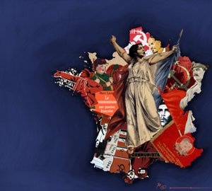 ماريانا على خلفية الكولاج الشيوعي. رمزية الشيوعية في فرنسا. 2010 رسم ملون لأليساندرو لوناتي. بواسطة أليساندرو لوناتي