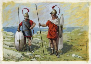 اليونان القديمة: مرتزق tureophore (Thureophoros أو Thureophoroi) (القرن الثالث إلى الأول قبل الميلاد) (على اليمين) و Thorakites (Thorakitai) (على اليسار). رسم أليساندرو لوناتي بواسطة أليساندرو لوناتي