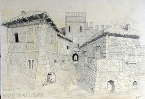 العمارة في العصور الوسطى: منظر لأسوار مدينة لومباردية في العصور الوسطى. رسم قلم رصاص من أليساندرو لوناتي. بواسطة أليساندرو لوناتي