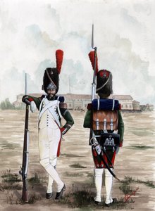 الإمبراطورية الأولى (1804-1814 و 1815): جنود غرينادير من الحرس الملكي لجيش نابليون العظيم في ساحة قلعة سفورزيسكو في ميلانو بإيطاليا. رسم أليساندرو لوناتي بواسطة أليساندرو لوناتي