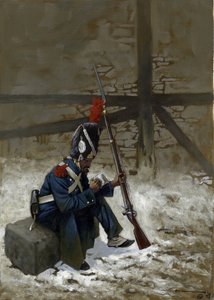 الإمبراطورية الأولى: قاذفة قنابل الحرس في معطف يجلس في الثلج. رسم أليساندرو لوناتي بواسطة أليساندرو لوناتي