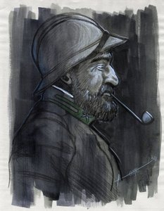 الحرب العالمية الأولى 1914-1918: صورة شخصية لجندي من الجيش الإيطالي يدخن الأنبوب في عام 1915. رسم لأليساندرو لوناتي بواسطة أليساندرو لوناتي