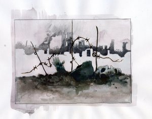 الحرب العالمية الأولى: قصة رمزية للحرب مع خوذة جمجمة في اللحى على خلفية أنقاض رسم ملون لأليساندرو لوناتي بواسطة أليساندرو لوناتي