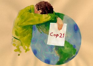 مستقبل الأرض ، رجل يبكي يحمل في يديه علامة الشرطي 21 (مؤتمر الأمم المتحدة لتغير المناخ لعام 2015) الذي عقد في باريس والذي كان من المفترض أن يجد حلولًا للاحتباس الحراري والتلوث) رسم توضيحي لأليساندرو لوناتي بواسطة أليساندرو لوناتي