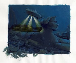 رسم توضيحي لأسطورة الجزيرة التي اختفت تحت بحر أتلانتس (أتلانتس): غواصة (غواصة) تستكشف القيعان وتكتشف أنقاض الجزيرة الأسطورية. الرسم الملون من قبل أليساندرو لوناتي. بواسطة أليساندرو لوناتي