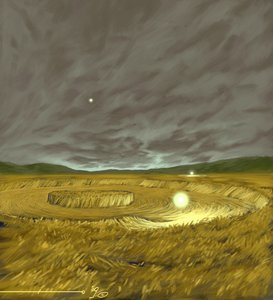 الظواهر الغامضة: تمثيل التكوين الأسطوري لدوائر المحاصيل (agroglyph أو دائرة المحاصيل أو دائرة القمح) أشكال هندسية مصنوعة في حقول القمح والتي وفقًا لنظريات معينة هي عمل الكائنات الفضائية (UFO أو UFOs). رسم أليساندرو إل بواسطة أليساندرو لوناتي