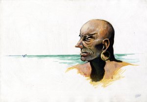 صورة لقرصن (قرصان) أو بحار مع وجود البحر في الأسفل. الرسم الملون من قبل أليساندرو لوناتي. بواسطة أليساندرو لوناتي