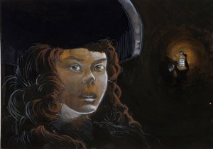 صورة لامرأة قرصنة (قرصان) أو بحار في الليل ، مضاءة بفانوس قرصان آخر. الرسم الملون من قبل أليساندرو لوناتي. بواسطة أليساندرو لوناتي