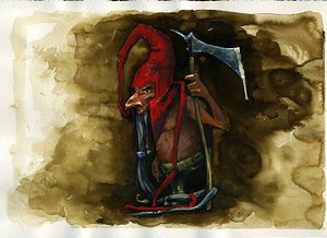تمثيل لغطاء أحمر (قبعة حمراء ، بووري أو بونيه ، أحمر بونيه) مخلوق أسطوري خبيث لعائلة غوبلن من الفولكلور البريطاني - (ريد كاب ، قزم قاتل خبيث ، عفريت ، قزم أو جنية وجدت في الفولكلور الحدودي) رسم من قبل أليساندرو لو بواسطة أليساندرو لوناتي