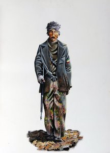 الحرب العالمية الثانية: عضو في المقاومة الإيطالية (مكيس أو فدائيين ، حزبي) (Resistenza Italiana) ، يرتدي بدلة مموهة وسلاحًا بمدفع رشاش. 1943-1945. رسم من قبل أليساندرو لوناتي بواسطة أليساندرو لوناتي