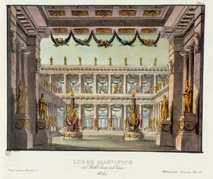 مكان رائع: منظر لسينوغرافيا المعبد لتمثيل الدراما الغنائية "" Enea nel Lazio "" (1799) لجوزيبي سارتي. الطباعة الحجرية في "" مجموعة الاختراعات ذات المناظر الخلابة لعام 1830 بواسطة أليساندرو سانكيريكو (1777-1849) ". ميلانيز بواسطة اليساندرو سانكوريكو
