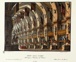 Gran Sala D'Armi ، مجموعة تصميم لأوبرا "I Cavalieri di Valenza" لجيوفاني باتشيني (لون ليثو) بواسطة اليساندرو سانكوريكو