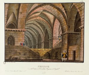 نورفولك يزور السجين ليستر في سجن سينوغرافيا لأداء عام 1828 لأوبرا "إليزابيتا ، ريجينا دي إنجيلتيرا" (إليزابيث ، ملكة إنجلترا) (1815) لجيوشينو روسيني (أو جياتشينو) بعد مسرحية كارلو فيديريتشي "صفحة ليستر" بواسطة اليساندرو سانكوريكو