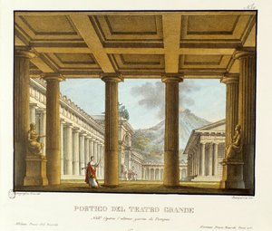 Portico of the Grand Theatre in Pompeii، في الخلفية سينوغرافيا Vesuve لأداء "أوبرا" L'Ultimo Giorno di Pompei "(آخر يوم لبومبي) لجيوفاني باتشيني الطباعة الحجرية في "" مجموعة اختراعات العيسى ذات المناظر الخلابة من عام 1830 بواسطة اليساندرو سانكوريكو