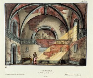 سينوغرافيا زنزانة السجن للأداء في ميلانو عام 1829 لأوبرا "تانكريدي" (أو تانكريد) لجيوشينو روسيني (أو جواتشينو) (1813) بعد مقطوعة فولتير "تانكريد". الطباعة الحجرية في "" مجموعة الاختراعات ذات المناظر الخلابة لعام 1830 لألساندرو بواسطة اليساندرو سانكوريكو