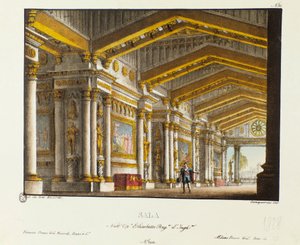 سينوغرافيا القاعة الكبرى للقصر الملكي لأداء أوبرا عام 1828 "إليزابيتا ، ريجينا دي إنغيلتيرا" (إليزابيث ، ملكة إنجلترا) (1815) لجياشينو روسيني (أو جواتشينو) بعد قطعة "صفحة ليستر" لكارلو فيديريتشي . ليثوغرا بواسطة اليساندرو سانكوريكو