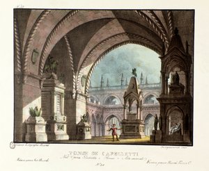 قبر عائلة كابوليت (كابوليتي) سينوغرافيا للأداء في مسرح كاركانو عام 1829 لأوبرا "جولييتا إي روميو" (جولييت وروميو) (1796) لنيكولو أنطونيو زينغاريلي بعد قطعة ويليام شكسبير "روميو وجولييت". طباعة حجرية بواسطة اليساندرو سانكوريكو