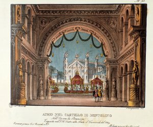 The vestibule of the castle of Montolino in Brittany Scenography for the performance at the Teatro alla scala in 1829 of the opera “La straniera”” (1828) by Vincenzo Bellini. Lithography in “” Raccolta di invenzioni sceniche del 1830 di Alessandro Sanquiri بواسطة اليساندرو سانكوريكو