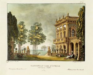 منظر لحديقة ومنزل أوتيلو لأوبرا "" أوتيلو "لجيوشينو روسيني (أو جواتشينو) (1816) بعد قطعة ويليام شكسبير" عطيل أو مور أوف فينيس "). الطباعة الحجرية في مجموعة اختراعات أليساندرا ذات المناظر الخلابة من عام 1830 بواسطة اليساندرو سانكوريكو