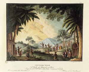 منظر لوادي لذيذ في وقت غزو العالم الجديد بواسطة السينوغرافيا الإسبانية لرقصة الباليه "" Gli spagnoli nel Peru "لمصمم الرقصات الإيطالي جيوفاني جالزيراني (1780-1865) (1828). الطباعة الحجرية في مشهد Raccolta di invenzioni د بواسطة اليساندرو سانكوريكو