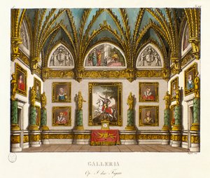 View of the gallery decoree of paintings Scenography for the opera “” I due figaro””” by the Italian composer Giuseppe Saverio Raffaele Mercadante (1795-1870), after the piece “” The two figaros or the Subject of comedie”” (1794) by Honore Francois Richaud بواسطة اليساندرو سانكوريكو