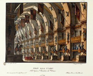 منظر لغرفة الأسلحة الكبيرة سينوغرافيا لتمثيل أوبرا "I cavalieri di Valenza" لجيوفاني باتشيني وجايتانو روسي (1828). الطباعة الحجرية في "" مجموعة الاختراعات ذات المناظر الخلابة لعام 1830 بواسطة أليساندرو سانكيريكو (1777-1849) ". ميلا بواسطة اليساندرو سانكوريكو