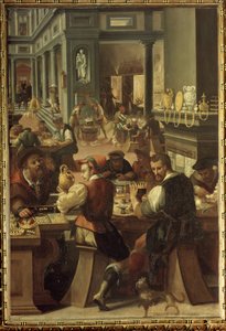 Manierism: ورشة صياغة الذهب (La Bottega dell'orefice) (ورشة الجواهريين) في Studiolo de Francois I de Medici في Palazzo Vecchio (Palazzo della Signoria) (1570) في فلورنسا. لوحة لأليساندرو فاي ديت إيل باربيير (فلورنسا بواسطة اليساندرو دي فينشنزيو فاي