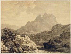 منظر طبيعي جبلي ، ج 1780 (غسيل رمادي وبني على ورق معد بأرضية بنية) بواسطة ألكسندر كوزينز