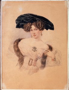 صورة للفنانة يفدوكيا باكونينا (1793-1882) بالقبعة السوداء (صورة للفنانة يفدوكيا باكونينا بالقبعة السوداء). عمل فني لألكسندر بافلوفيتش بريولوف (ألكسندر بريولوف) (1798-1877). لوحة مائية على ورق
