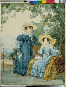 Portraits de la comtesse Ekaterina Artemievna Vorontsov (1780-1836) et de la Princesse Elena Mikhailovna Golitsyne (1776-1855) - صورة للأميرات Ekaterina Vorontsova و Elena Gallitzine - ألوان مائية على الورق بقلم ألكسندر بافلوفيتش بريولوف (أليكسان)