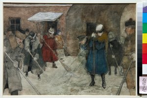 الناس يكتسحون الثلج في أحد الشوارع في الشتاء - عمل ألكسندر إيفانوفيتش فخرامييف (1874-1926) ، حوالي عام 1921 - إزالة الثلج - ألوان مائية ، لون أبيض ، طباشير أسود على الورق بقلم ألكسندر إيفانوفيتش فخرامييف (1874-1926) ، حوالي 1921 - 21.4 × 29 .5 سم - شارع بواسطة الكسندر فخرمييف