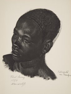 سلالة Ialingede ، Mandja. (فورت لامي) ، من رسومات ورسومات أفريقية ، تم تنفيذها خلال رحلة سيتروين سنتر أفريقيا ، المهمة الثانية Haardt Audouin-Dubreuil ، حانة. باريس ، 1927 (مضاءة بالألوان