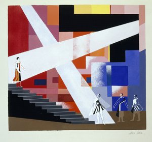 تعيين التصميم لماكبث شكسبير ، رسم توضيحي من "Maquettes de Theatre" بواسطة Alexandra Exter ، نُشر في عشرينيات القرن الماضي (litho)