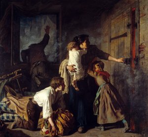 مشهد النار. عائلة عالقة في شقتهم تحاول الهروب من حريق المبنى. يطلب والد الأسرة المساعدة من النافذة. لوحة ألكسندر أنتيجنا (1817-1878)