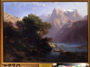 "" منظر طبيعي للجبال مع بحيرة في سويسرا "(بحيرة جبلية) لوحة رسمها ألكسندر كالام (1810-1864) 1860 معرض الفنون الإقليمي ، تامبوف ، روسيا بواسطة الكسندر كالامي