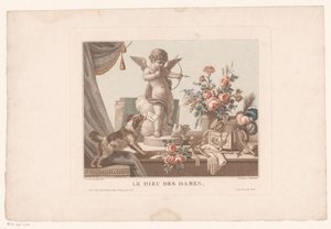لا تزال الحياة على طاولة مع كلب وتمثال Cupido Le Dieu des Dames. (العنوان على العنصر) بواسطة تشارلز بانس