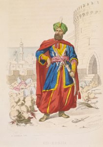 علي خوجة، حاكم الجزائر العاصمة 1816-1818، متألقا بعمامة خضراء ومتقلدا سيفا فاخرا، محاطا برؤوس مقطوعة لأعداء مهزومين بعد قصف عام 1816، منتصف القرن التاسع عشر (نقش ملون)