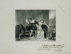 مشهد الرسالة من الأوبرا حلاق إشبيلية بواسطة روسيني منقوش من قبل Villain de Sevres