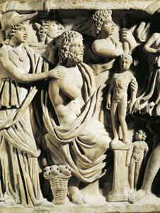 Marble sarcophagus, Relief depicting Prometheus myth, Detail, Athena assisting Prometheus while he creates humans, From Arles بواسطة الكسندر جبرائيل (بعد) ديكامبس