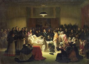 اللحظات الأخيرة لتشارلز فرديناند من فرنسا (1778-1820) في غرفة الإدارة في دار الأوبرا في باريس ، 14 فبراير 1820 ، c.1828 بواسطة الكسندر مينجود