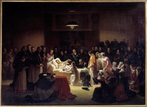 اللحظات الأخيرة لدوق بيري (1778 - 1820) في أوبرا باريس محاطًا بالملك لويس الثامن عشر والعائلة المالكة. لوحة ألكسندر منجود (1773-1832) بواسطة الكسندر مينجود