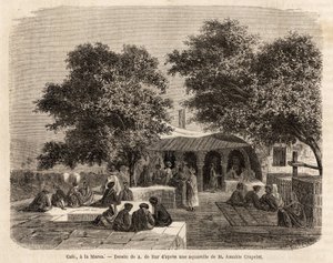 منظر لمقهى في المرسى (تونس) ، رسمه أدي بار ، لتوضيح رحلة إلى تونس ، في عام 1859 ، بواسطة Amable Crapelet. نقش في "" Le Tour du monde "، تحرير إدوارد شارتون