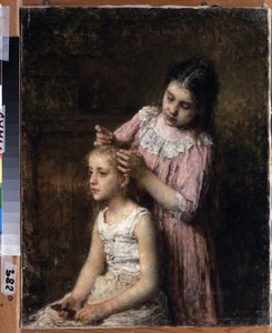 أختان (أختان). يحاول الأكبر القيام بشعر الأصغر. لوحة أليكسي أليكسييفيتش خارلاموف (1840-1922) ، زيت على قماش بواسطة أليكسي أليكسييفيتش خارلاموف
