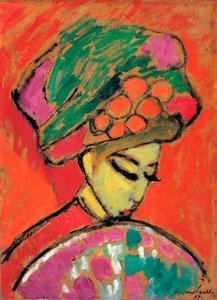 فتاة شابة ذات قبعة مزهرة - رسم أليكسي فون جافلينسكي (1864-1941) زيت على ورق مقوى ، 67.5 × 49 سم بواسطة Alexej von Jawlensky