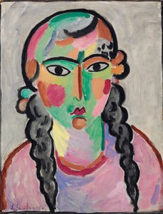 La fille pale aux tresses grises - The Pale Girl with Grey Pigtails ، بقلم Alexej von Jawlensky (Javlensky) (1864-1941). زيت على ورق ، ج. ١٩١٦. الأبعاد: ٦٣ ٫ ٥ × ٤٩ ٫ ٥ سم. مجموعة خاصة بواسطة Alexej von Jawlensky